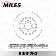 Диск тормозной передний Miles K000253 OPEL ASTRA G/H 98-09/MERIVA 03-/ZAFIRA 99-